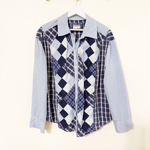 Free People We The Free Argyle Plaid Shirt Oversized Preppy Button size medium - Picture 5 of 9